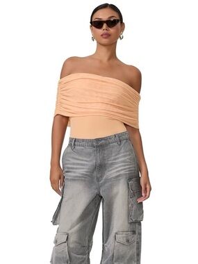 AFRM Peach Off-Shoulder Ruched Bodysuit  - Small